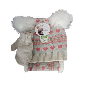 Toby Me Girls 3 Piece Infinity Scarf Handwear Teal Tan Pink Heart Fur PomPom Hat